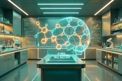 AI-powered drug discovery concept showing a holographic molecular structure analyzed by neural networks in a sleek pharmaceutical laboratory with teal and gold lighting