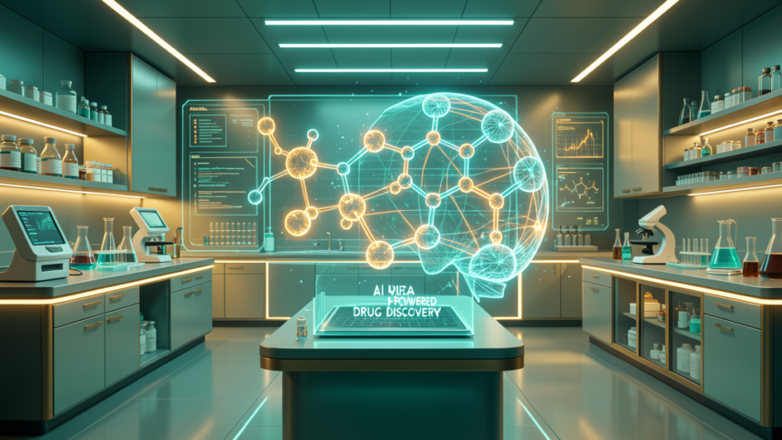 AI-powered drug discovery concept showing a holographic molecular structure analyzed by neural networks in a sleek pharmaceutical laboratory with teal and gold lighting