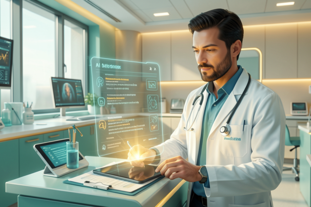 A doctor using an AI scribe system with a holographic transcription interface on a tablet in a modern clinic, showing ambient speech recognition and automated clinical documentation