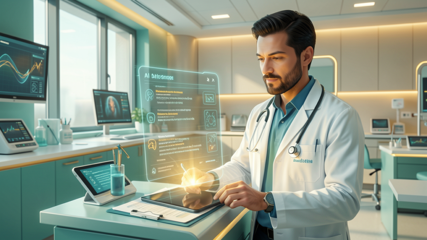 A doctor using an AI scribe system with a holographic transcription interface on a tablet in a modern clinic, showing ambient speech recognition and automated clinical documentation