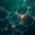 AI-driven molecular design network with glowing teal and amber nodes