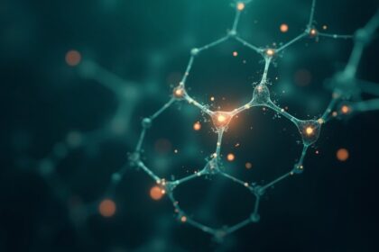 AI-driven molecular design network with glowing teal and amber nodes