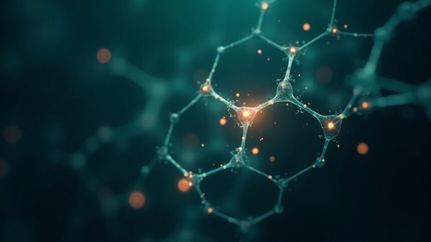 AI-driven molecular design network with glowing teal and amber nodes
