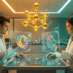 Two scientists in white lab coats analyzing glowing teal and amber holographic protein structures in a modern biotechnology research laboratory with sleek digital interfaces