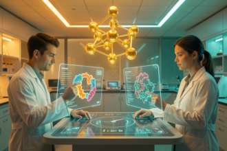 Two scientists in white lab coats analyzing glowing teal and amber holographic protein structures in a modern biotechnology research laboratory with sleek digital interfaces