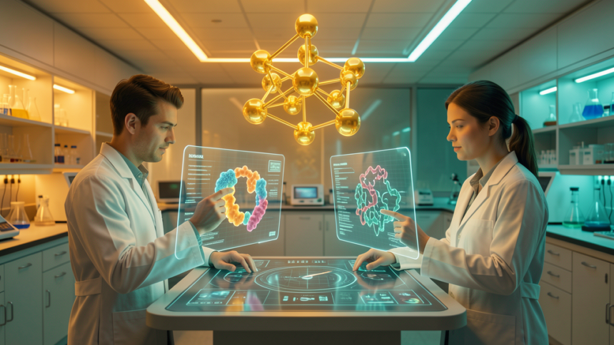Two scientists in white lab coats analyzing glowing teal and amber holographic protein structures in a modern biotechnology research laboratory with sleek digital interfaces