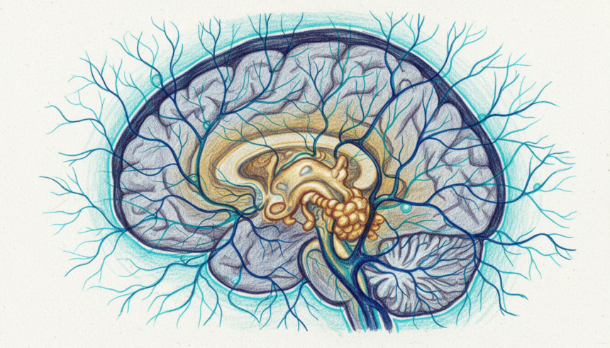 AI-guided brain tumor blood supply mapping illustration