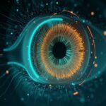 Holographic 3D AI scan of a human eye with teal and gold data analysis rings