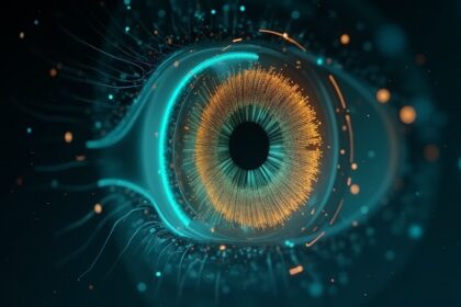 Holographic 3D AI scan of a human eye with teal and gold data analysis rings