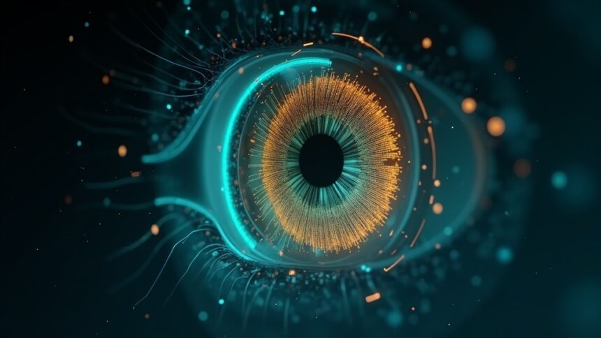 Holographic 3D AI scan of a human eye with teal and gold data analysis rings