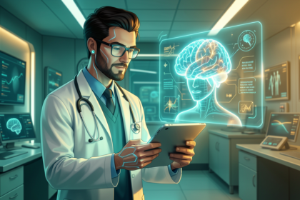 A physician using a tablet with a glowing AI assistant hologram nearby, representing cognitive offloading in modern medicine with teal and gold futuristic lighting