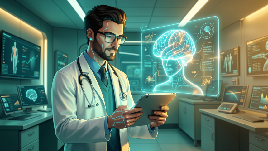 A physician using a tablet with a glowing AI assistant hologram nearby, representing cognitive offloading in modern medicine with teal and gold futuristic lighting