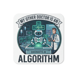 Cork-back coaster: "My Other Doctor Is An Algorithm"